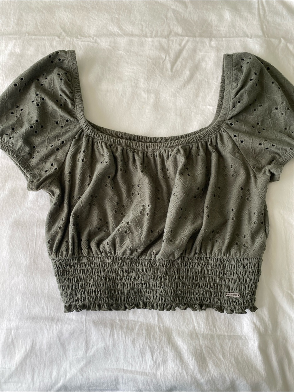 Hollister Olive Green Eyelet Smocked Crop Top